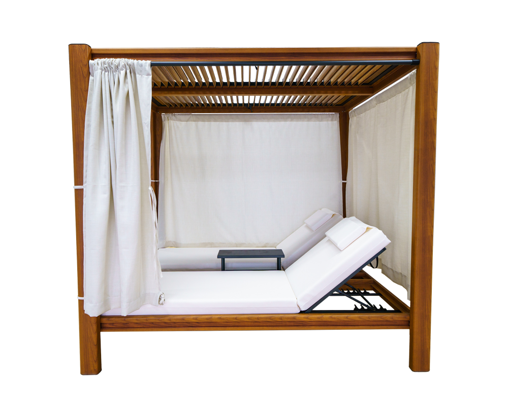 EMBRACE² aluminum double daybed shown from the front with roof louvers open