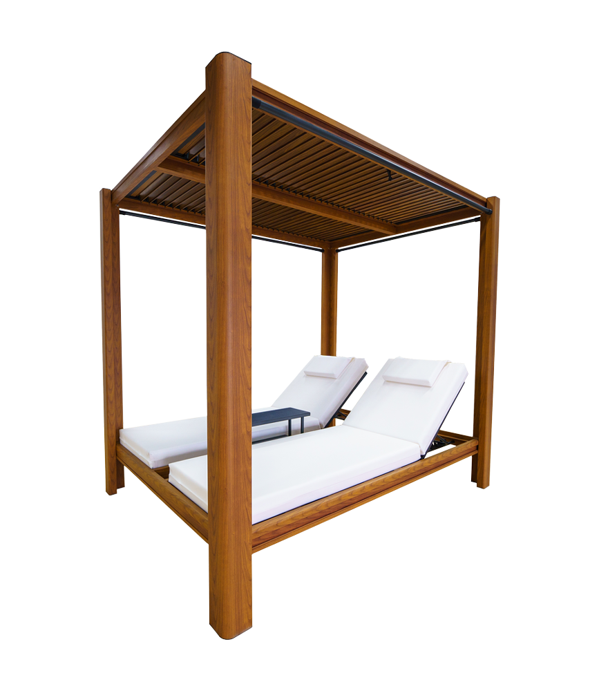 EMBRACE² daybed with backrests reclined and louvers angled for shade
