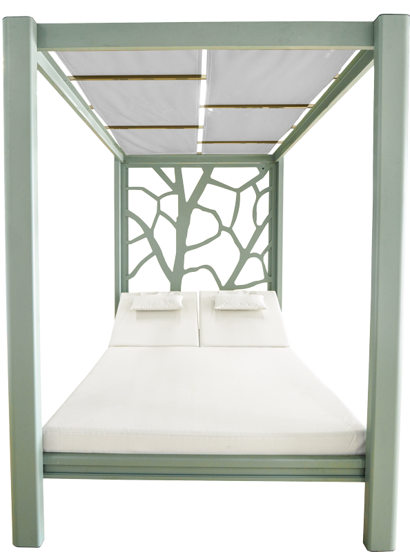 Detail of the MAISON PIECE aluminum frame and fabric canopy