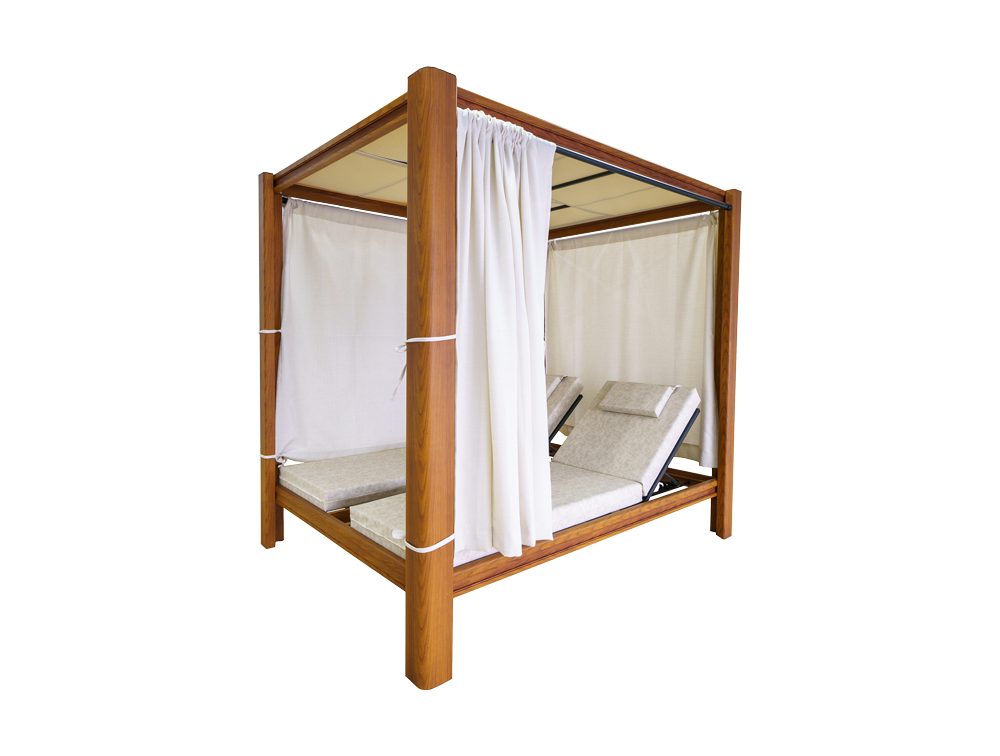 MAISON aluminum daybed with perforated fabric canopy installed