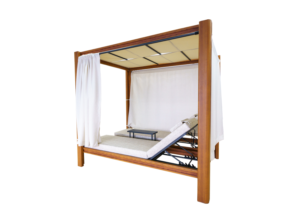 MAISON daybed with backrests reclined beneath the fabric canopy